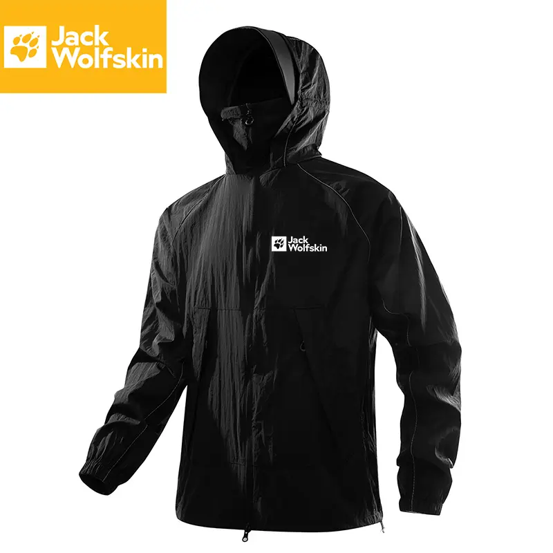 JACK WOLFSKIN Unisex Adjustable Drawstring Hooded Long Sleeve Sun Protection Jacket - Full-Zip UPF Windbreaker with Face Mask, Breathable Zipper Design, for Outdoor Hiking, S-2XL