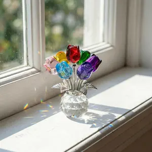 Colorful Rose Crystal Figurine with Vase – Handmade K9 Ornament for Wife, Girlfriend, or Women | Home Decor, Table Display, Valentine’s Day & Anniversary Gift