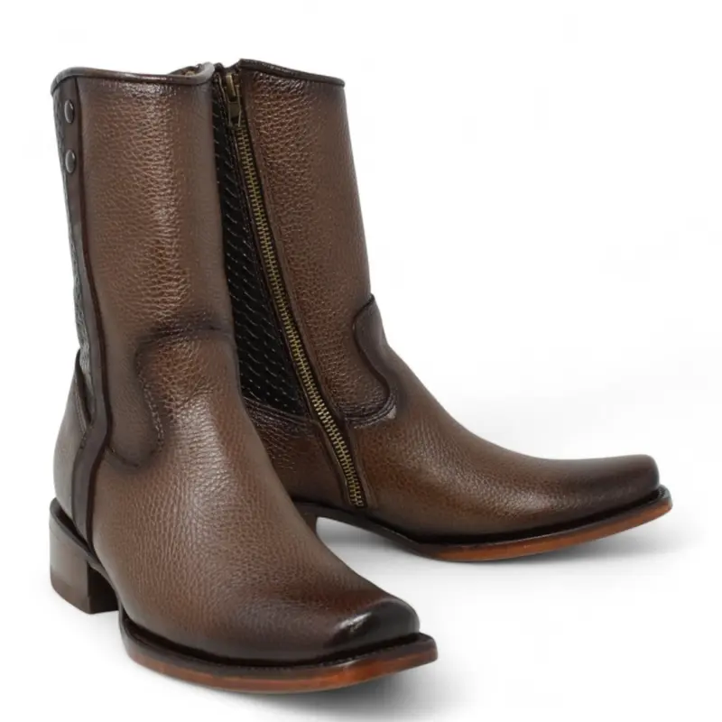 Men's Handmade Leather Western Botas - Closed, Cowgirl and Outlaw Style, Casual, Country Music Aesthetic, Square Toe, Brown, Zipper Closure, Footwear Fashion, LC 261
