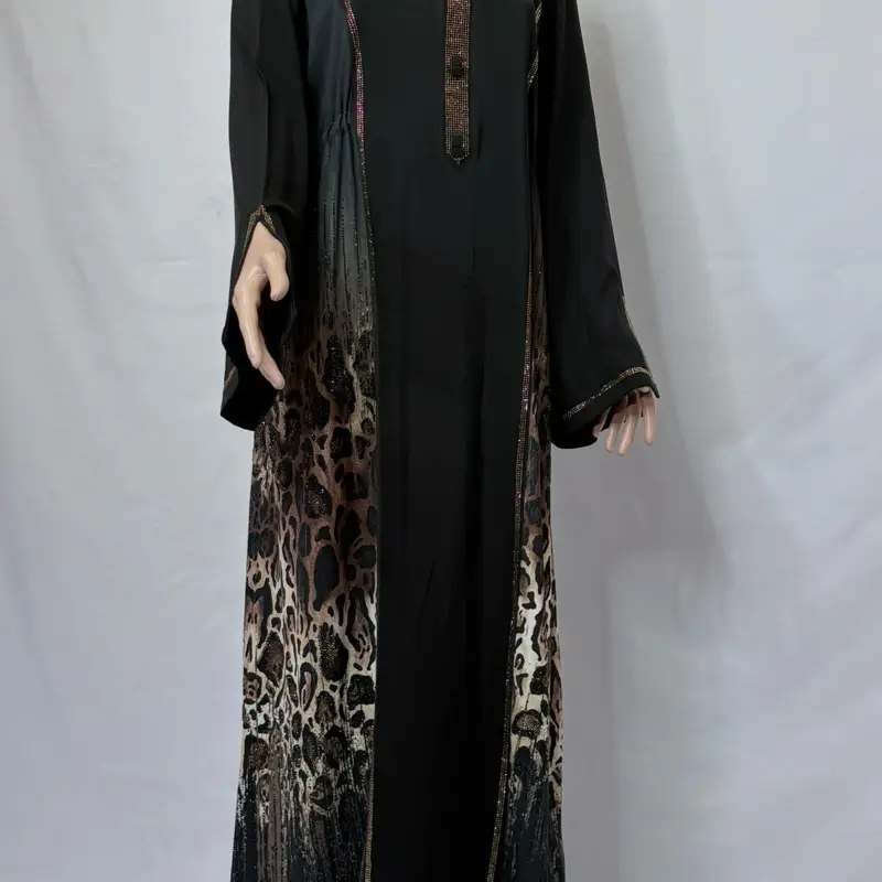 Black Leopard Maxi Long Sleeve Dress with Side Adjustable Strings and Pockets for Stylish Wear