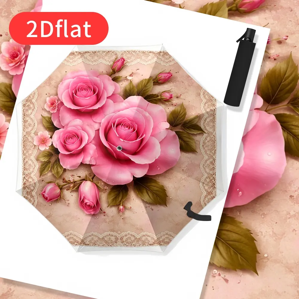 1 Elegant Rose Floral Lace Umbrella – Automatic Open Compact Travel Umbrella with 8 Reinforced Ribs, Portable Foldable Design for All Seasons, Perfect for Women, Suitable for Casual and Formal Occasions, Outdoor