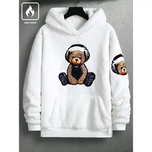 Unisex Fleece Lined Sweatshirt, Cartoon Bear Print, Winter Casual Wear, Warm Pullover for Men & Women, Stylish Daily