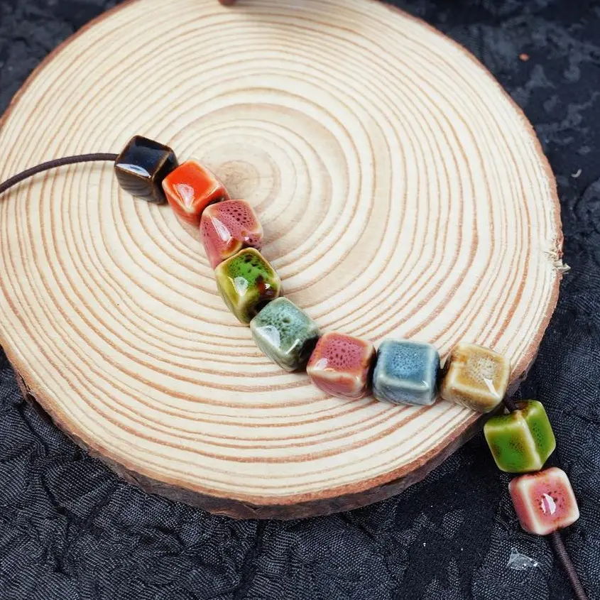 LUMAWU Handmade Porcelain Beads - 20 Pcs Vintage, Durable & Water-Resistant Unique Geometric Square Mosaic Beads with Mixed Floral Glazes for DIY Beading, Jewelry Making Projects, Beads Making