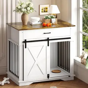 [FLASH SALE] Garvee 38" Dog Crate Furniture, Wooden Dog Furniture with Sliding Door and Drawer, 2 in 1 Indoor Pet House and Side End Table for Small to Medium Dogs, White
