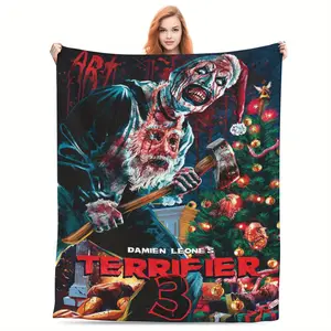 Terrifier 3 Anime Theme Digital Printed Flannel Throw Blanket, Mixed Color Polyester, Non-Woven Fabric Weaving, All Season Glam Style for Couch Bed Picnic Travel Office Nap, Christmas Halloween Gift