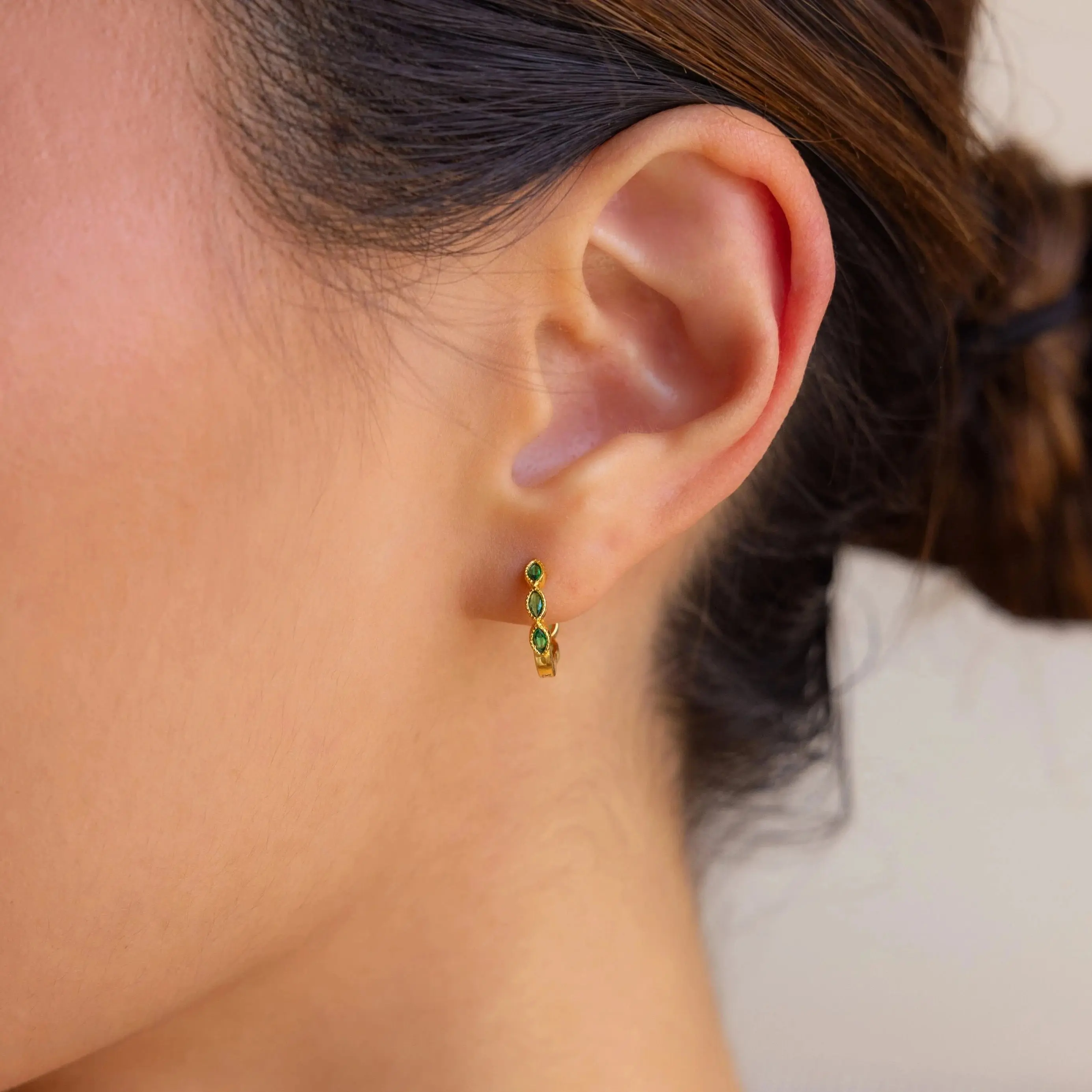 Emerald Marquise Inlay Huggies by Caitlyn Minimalist - Dainty Beaded Green Gemstone Huggie Earrings - Everyday Hoop Earrings - Emerald Jewelry - Best Friend Gift