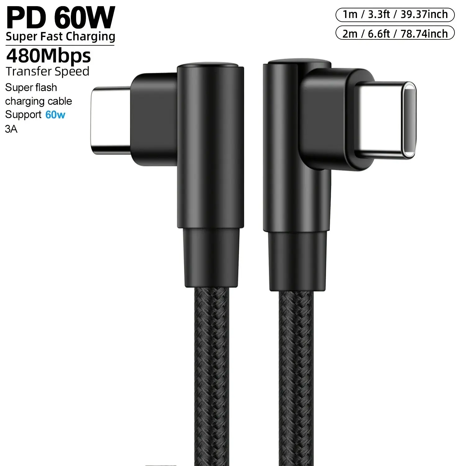 60W USB Type-C PD Fast Charging cable, equipped with dual L-shaped USB-C data cables, made of nylon braid, soft and tangle-resistant. Data transfer speed is 480Mbps. Compatible with all USB-C devices, including smartphones, tablets, and laptops.