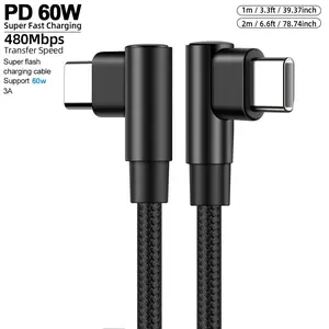 60W USB Type-C PD Fast Charging cable, equipped with dual L-shaped USB-C data cables, made of nylon braid, soft and tangle-resistant. Data transfer speed is 480Mbps. Compatible with all USB-C devices, including smartphones, tablets, and laptops.
