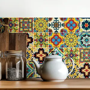 16Pcs Peel and Stick Tile Stickers 6x6 Inch, Mexican Backsplash Decals for Risers, Waterproof Vinyl Moroccan Boho Decor, Removable DIY for Furniture (Yellow)