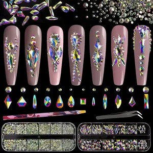 Multi Shapes 3D Glass AB Crystal Nail Art Rhinestones Kit with Flatback Round Bead Charm Gem Stone Jewelry Diamond with Pickup Pen + Tweezer for Manicure Craft Decoration (Iridescent)