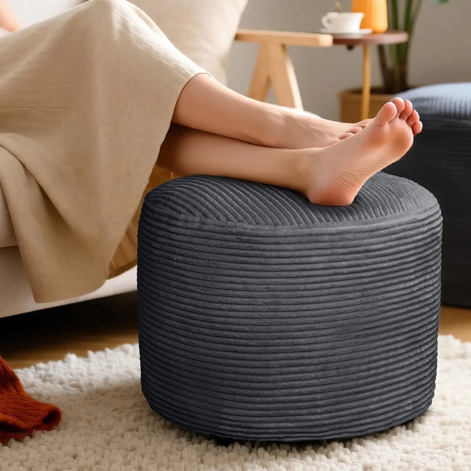 Round Corduroy Ottoman Foot Rest Pouf for Living Room Couch - Soft Plush Shredded Foam Filled Hassock Stool, Comfy Footstool
