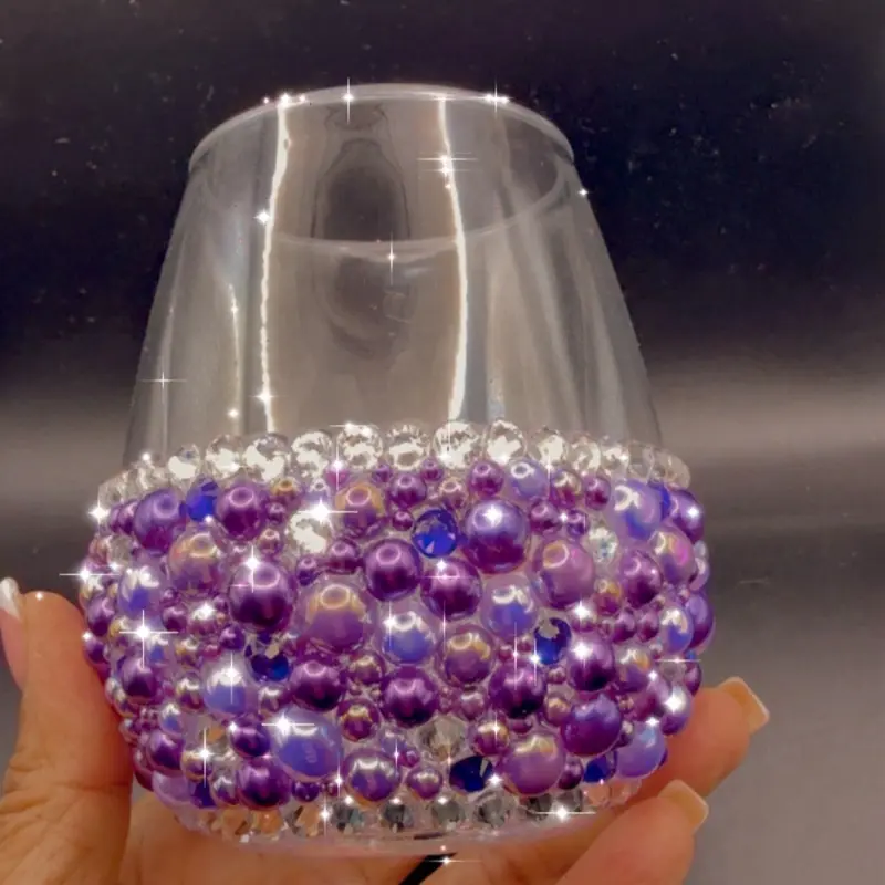 Stemless Wine Glass with Sparkling Purple and Clear Beaded Rim for Elegant Dining