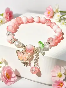2026 Summer Sweet Style Colorful Beaded Butterfly Tassel Artificial Crystal Bracelet, Elegant Fashion Jewelry for Women,Exquisite for Daily Wear and Perfect Gift for Her
