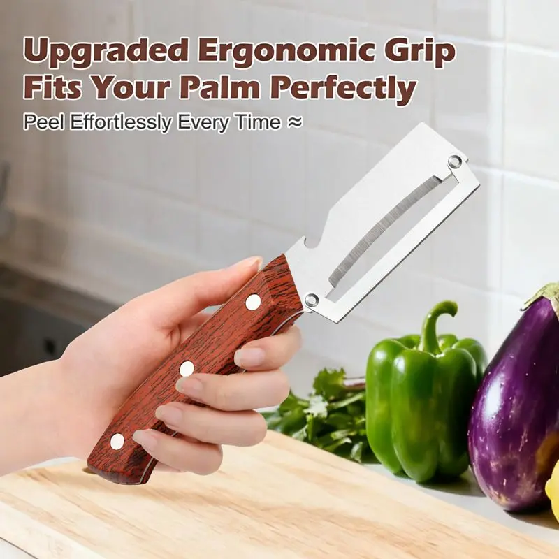 2-in-1 Kitchen Utensil Fruit & Veggie Peeler with Sharp Stainless Steel Blade, Wooden Handle, Ergonomic Non-slip Grip & Bottle Opener for Easy Peeling