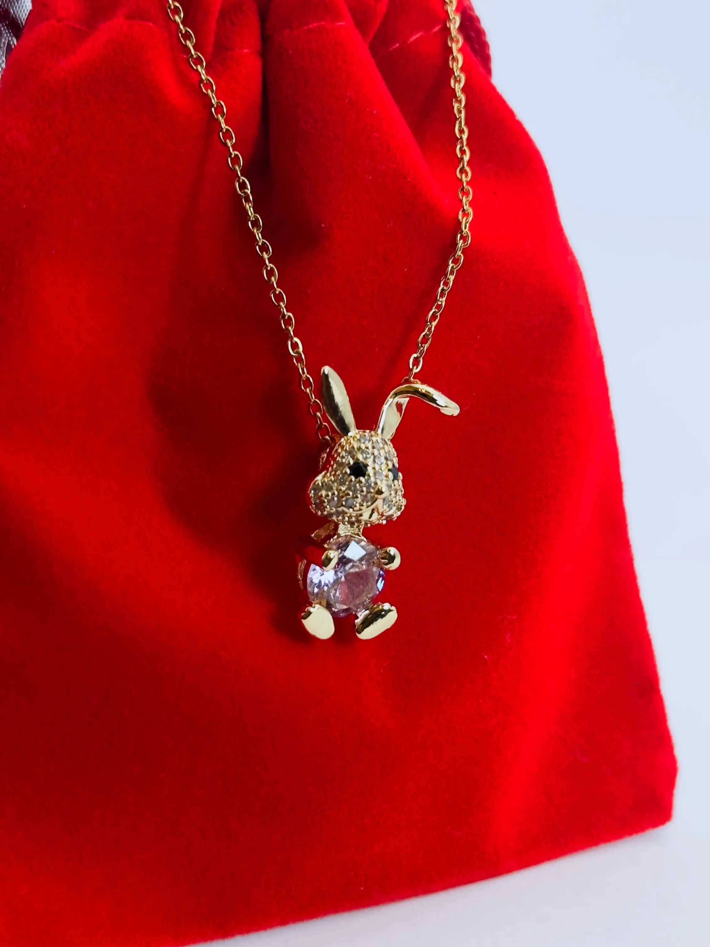 Lucky Bunny Gold Pendant Necklace with Sparkling Crystal