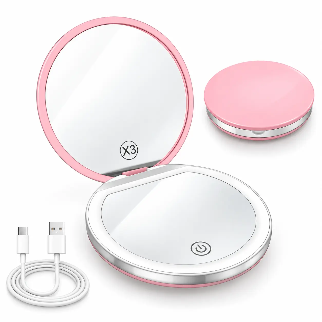 Portable Folding Makeup Mirror with LED Light, 3X Magnifying Compact Travel Mirror with Adjustable Brightness, USB Rechargeable Lighted Vanity Mirror for Makeup, Skincare, Travel & Purse, Pink