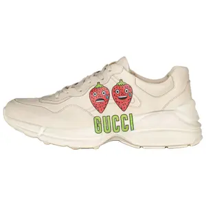 GUCCI Rhyton Leather Strawberry Print Low-Top Dad Sneakers for Men in Beige Distressed Finish