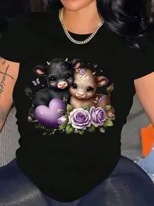Casual Round Neck T-Shirt Featuring a High Energy Highland Cow Design, Available in Plus Sizes And Weighing 210G