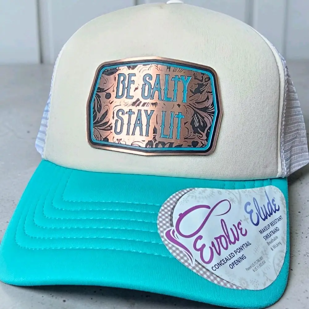 BossTon Boujee Hat Collection - Be Salty Stay Lit, Tri-layer Metallic Finish Acrylic Patch  -  Evolve Concealed Ponytail Opening Foam Trucker Hat