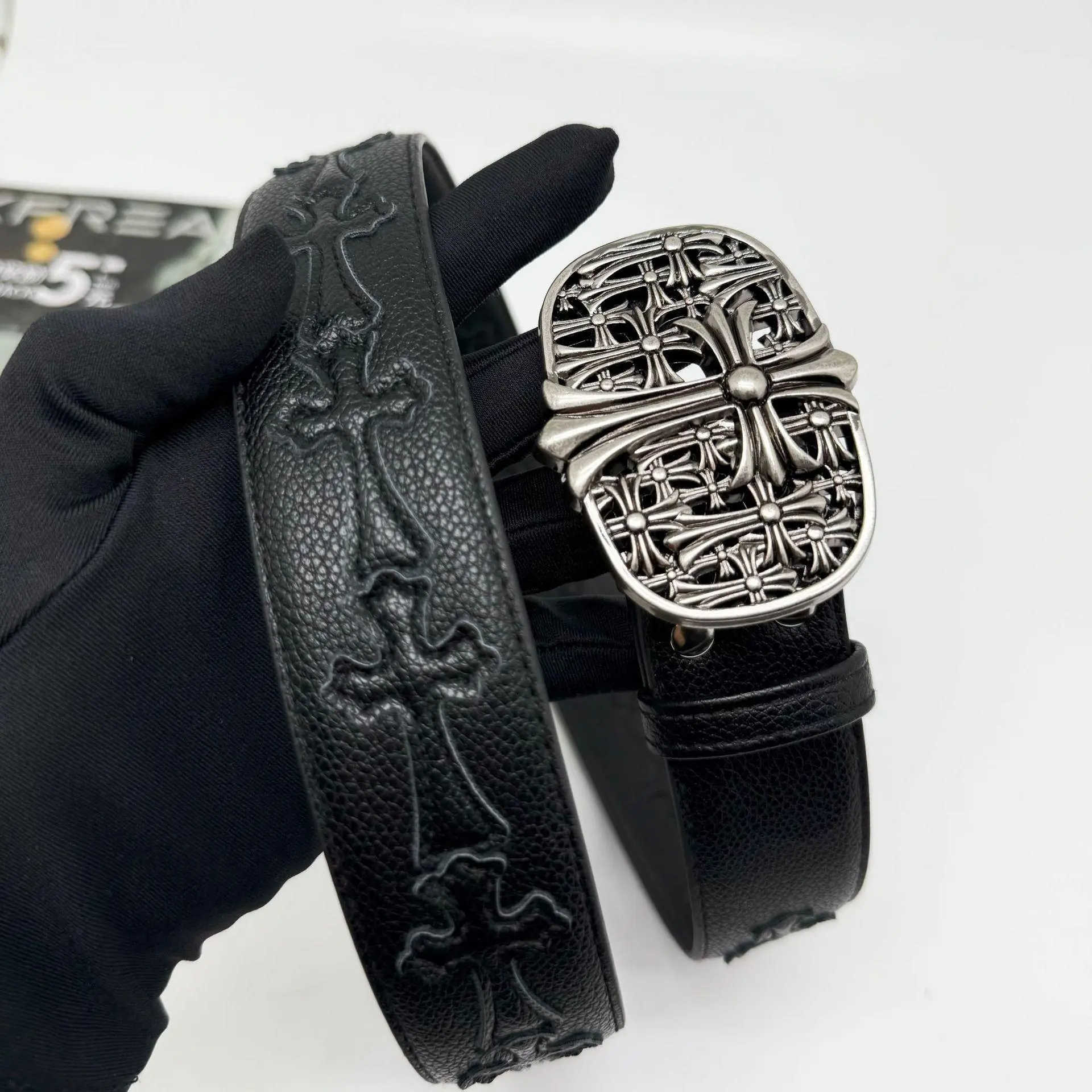 Chrome Hearts Style Crow Cross Belt – Premium Leather Leopard Print Waist Belt with Engraved Vine Buckle