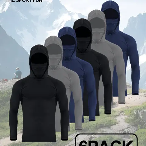 Men's 6-Pack Hooded Compression Shirts with Face Cover - UPF 50+ Sun Protection, 4-Way Stretch, Quick Dry Long Sleeve Tops, Polyester Male Clothing, All Seasons Casual, for Fishing & Hiking