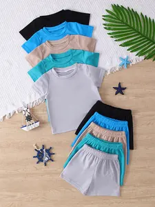 Boys' 10-Piece Set, Casual Style, Colorful Knit Fabric, Versatile T-Shirts, Tops, Matching Colorful Shorts, Outdoor, Spring Summer