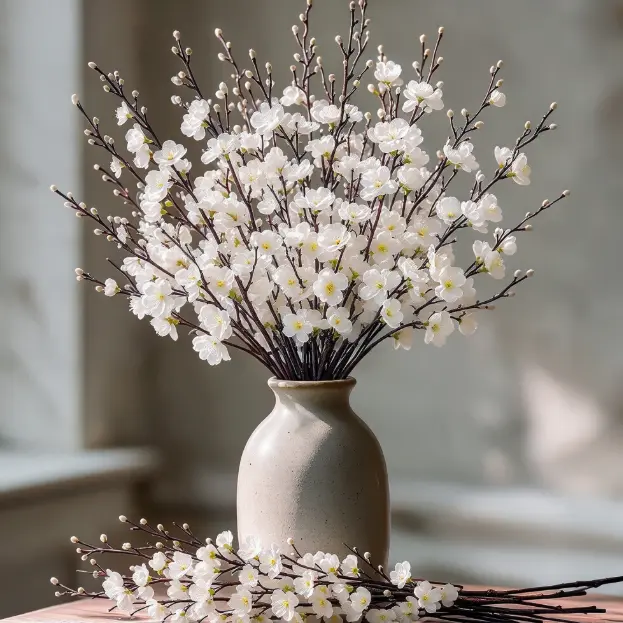 12/24Pcs Realistic Artificial Flowers Photorealism Plastic Faux Plum-Silk Cherry Blossom Branches - Long-Stem Faux Plants, All Seasons Home Decor for Bedroom, Living Room (Vase Not Included)