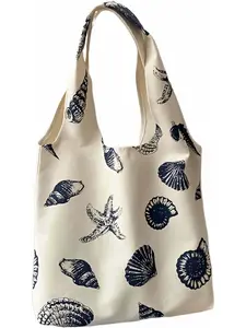 Beach Inspired Canvas Tote Bag For Women, Nautical Seashell And Starfish Print, Casual Shoulder Bag Aesthetic, Cute Small Book Tote, Portable Washable For Women Grocery Shopping Gift For Birthday Day