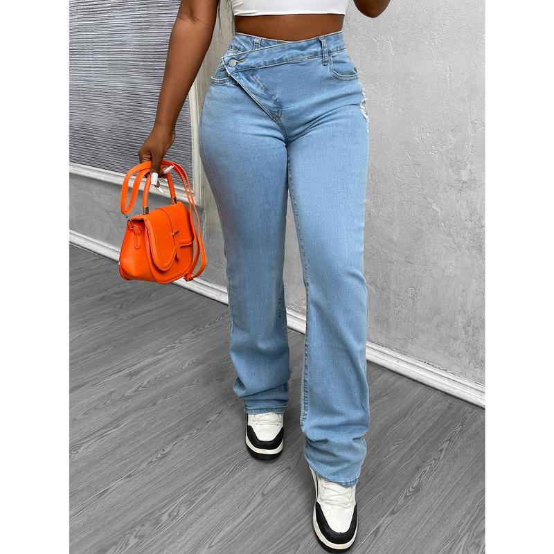 Light Wash High Waisted Asymmetrical Button Wide Leg Jeans for Women - Retro Denim Pants with Y2K Style
