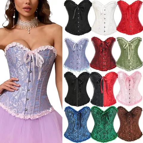 Women's Gothic Corset Tops with Thong, Steampunk Lace-Up Overbust Bustier, Plus Size Polyester Spandex Bodyshaper Clothes, Accessories, Casual, Halloween Ideas