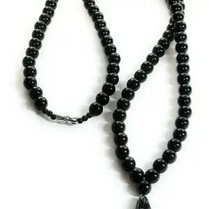 Santa Muerte Style Necklace with 8mm Black Beads Religious Pendant Jewelry
