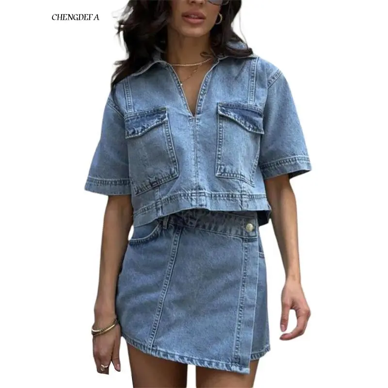 Lady's Fitted 2-Piece Denim Summer Sports Set - Shortleeve Lapel Jean Top, Asymmetrical Denim Shorts, Basic Casual Streetwear Outfit