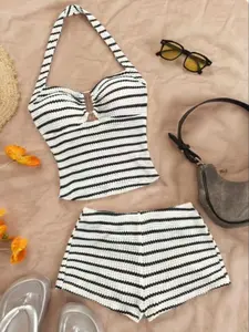 Women's Knitted Textured Striped Halter Top with Metal Buckle Backless Vest Set, Fashion Slim Fit Bodycon Shorts, Summer Holiday Style Outfit, Matching