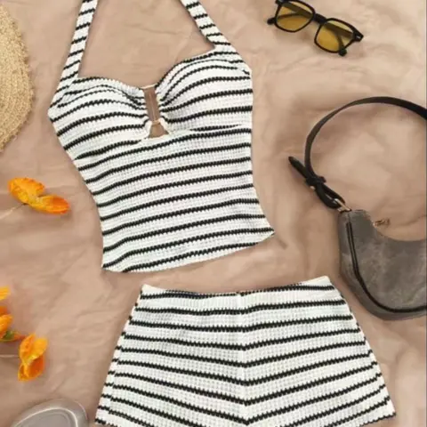 Women's Knitted Breathable Textured Black and White Striped Sleeveless Halter Neck Top with Metal Buckle, Backless Vest and Chic Fashion Slim-Fit Bodycon Shorts Matching Two-Piece Set, Summer Holiday Style Outfit Beach Outfits Set
