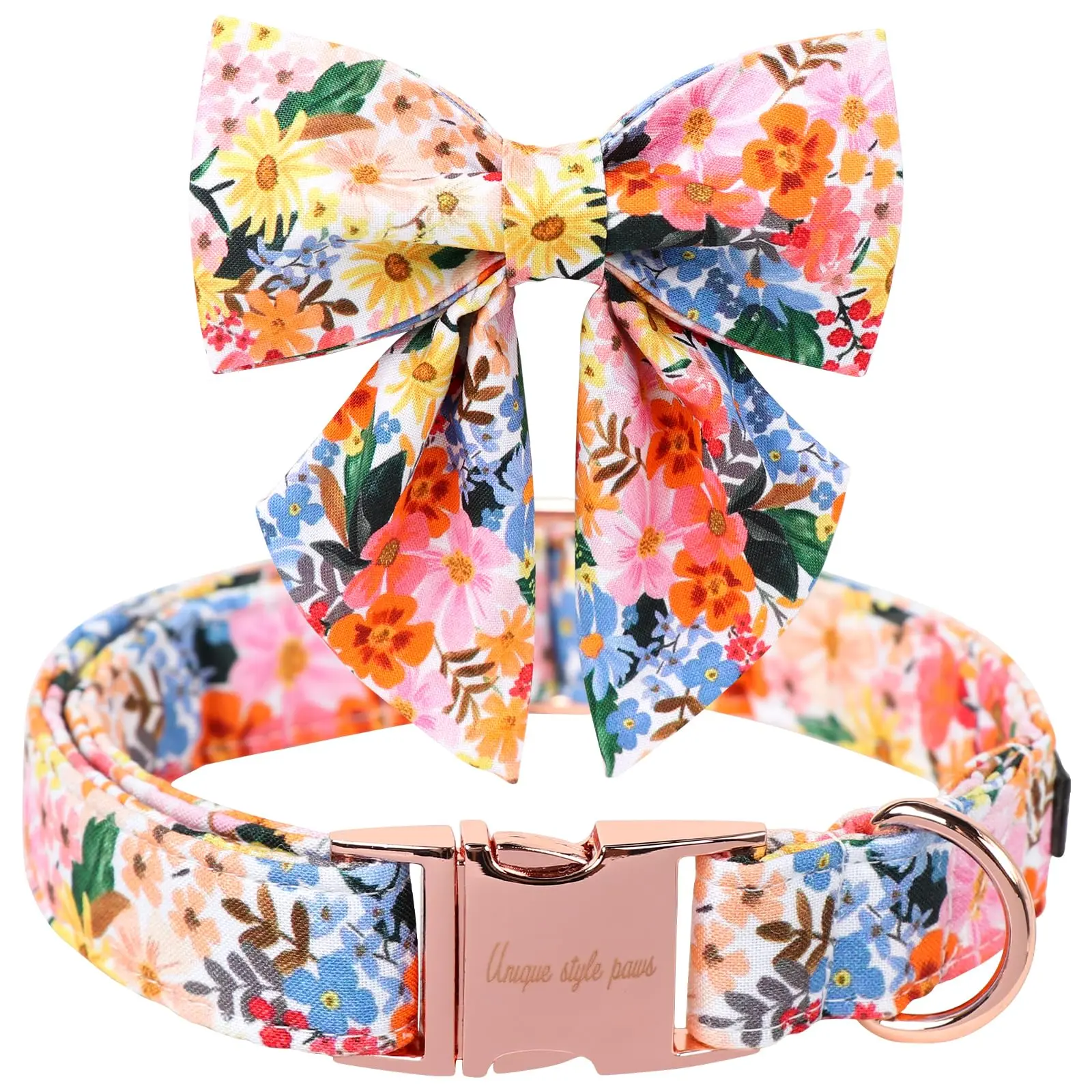 Unique Style Paws Cartoon Dog Collar with Bowtie & Flower for Spring Summer, Adjustable Puppy Collar for Small Medium Large Dogs, Cute Gift for Boys Girls