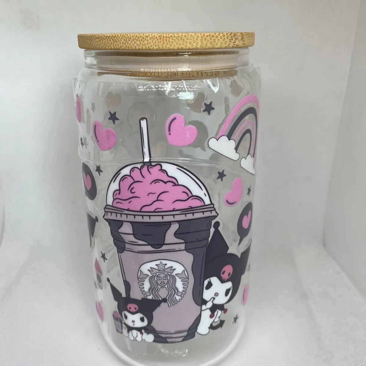16 ounce glass Libby cups with bamboo lid and straw