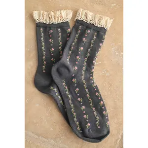 Charcoal Floral Print Crochet Trim Socks
