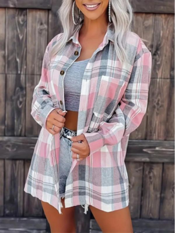 Color Block Plaid Collared Shirt Jacket, Wide Loose Casual Shirt for Everyday Wear, Versatile Layering Top for Women