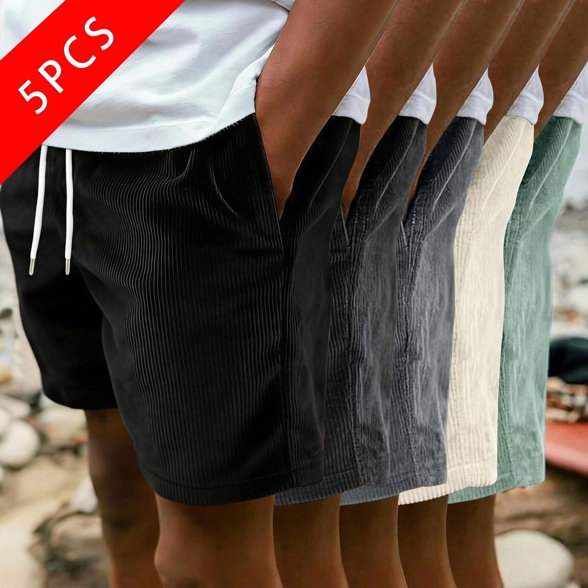 Pack of 5 men’s summer corduroy casual shorts, loose straight fit, breathable fabric