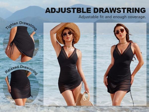 Women's One Piece Swimdress Full Coverage Tummy Control Slimming Bathing Suit Mesh Sheer Sarong Wraps Flattering Women Summer Swimsuit V Neck Swimsuit