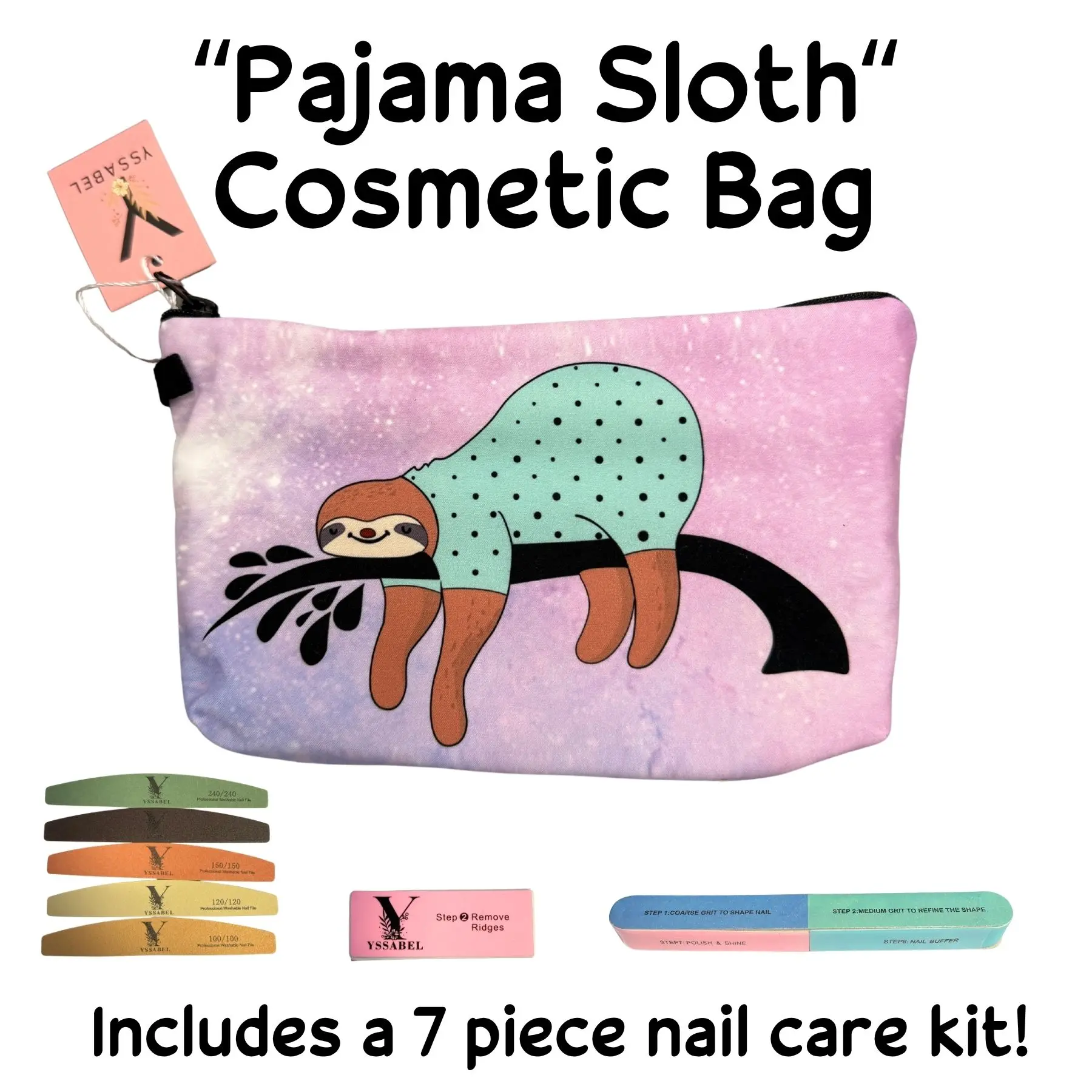 Pajama Sloth Cosmetic Bag with 7-Piece Nail Care Kit | Cute Travel Makeup Organizer