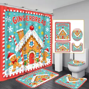 1pc/4pcs 2D Flat Gingerbread Man Christmas House Pattern Multi-color Background Shower Curtain, Modern and Personalized Home Bathroom Art Decoration, Shower Curtain Set with 12 Hooks, Bathroom Non-slip Mat, U-shaped Non-slip Mat, Toilet Cover