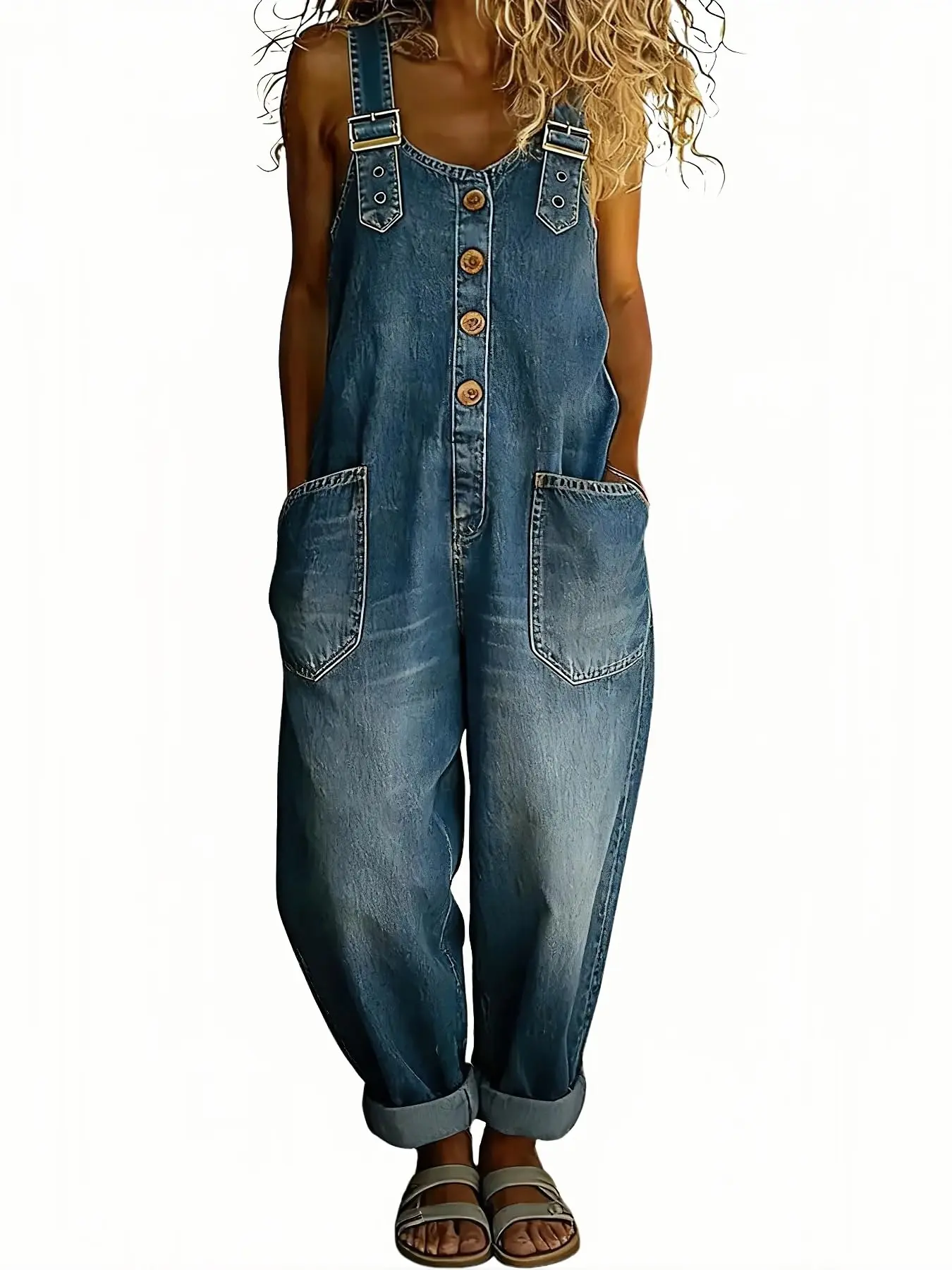 Ulikee Vintage Loose Wide Leg Jean Bib Overalls Women’s Y2K Button Front Denim Overall Pants One-Piece Romper Jumpsuit overalls overalls for women overalls jumpsuits for women Adjustable Baggy
