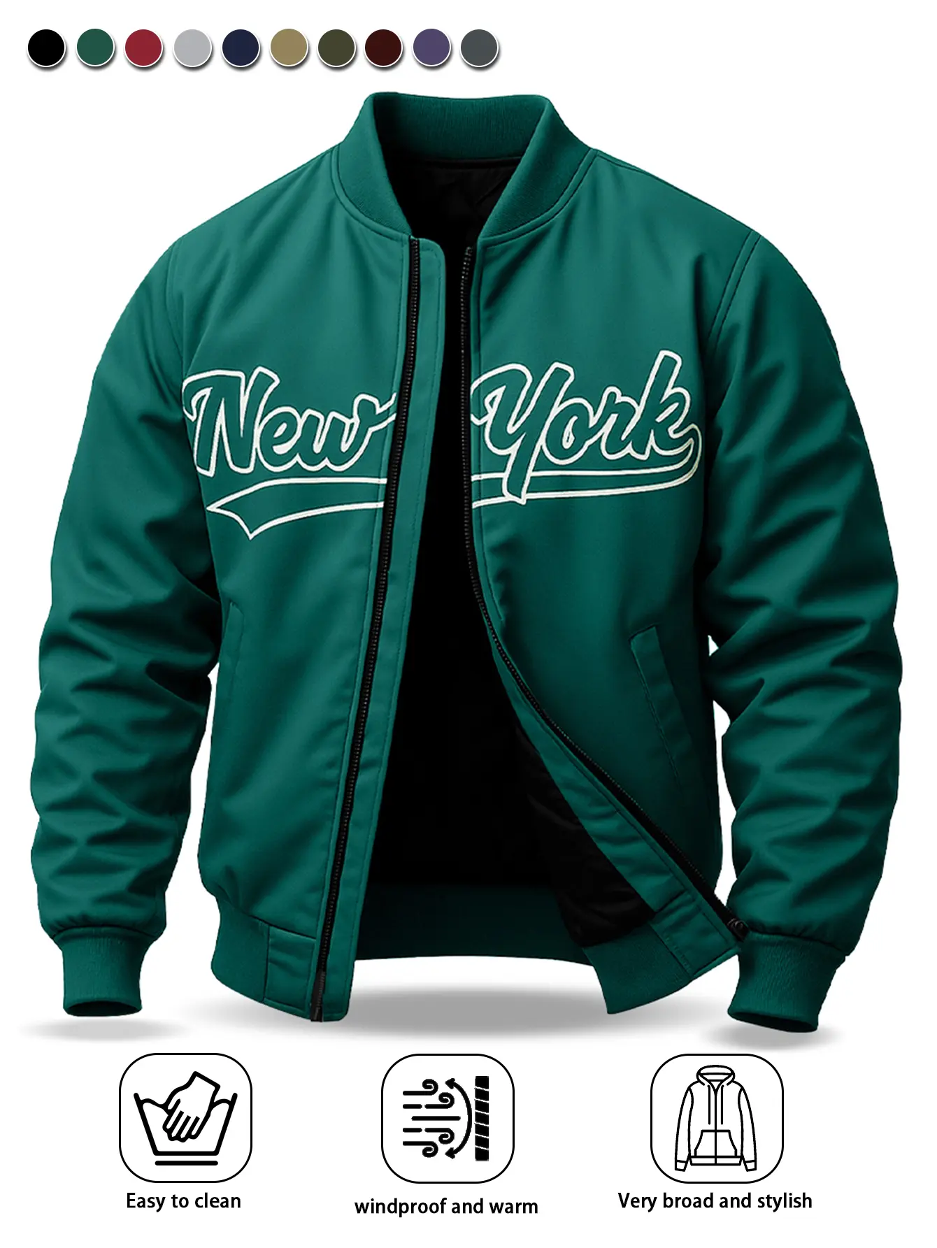 Men's stylish baseball jacket with "New York" printed on the surface, suitable for sports, riding, parties, daily commuting, and ideal for spring and summer wear Casual Long Sleeve Coats Warmer Menswear windbreaker jacket