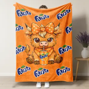Fanta Cartoon Highland Cow Pattern Blanket, Fanta Orange color Throw Blanket, Air-conditioned Room Blanket,Soft Warm Nap Blanket for Home Office Travel Camping