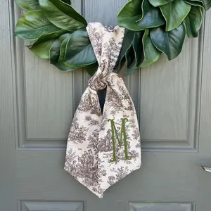 Cocoa Brown Toile Wreath Sash Customized Monogram Front Door Accent Embroidered Initial for Personalized Gift French Cottage Home Decoration wreath sash, monogram door decor