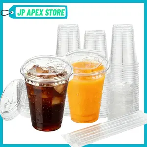 50/100 Sets 16oz Disposable Iced Coffee Cups with Strawless Lids & straws Clear Plastic Cups with Sip Lids for Party Wedding Catering Events, To Go Cups for Cold Drinks Smoothie Milkshake Lemonade Bubble,Party Companion