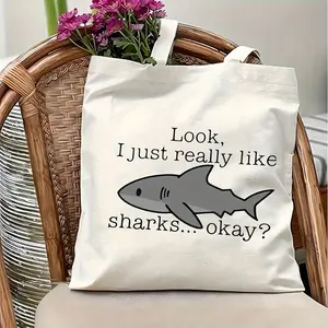 Funny Shark Pattern Reusable Tote Bag Light Beige for Women's Daily Shopping and as a Gift Casual and Sturdy Design christmas