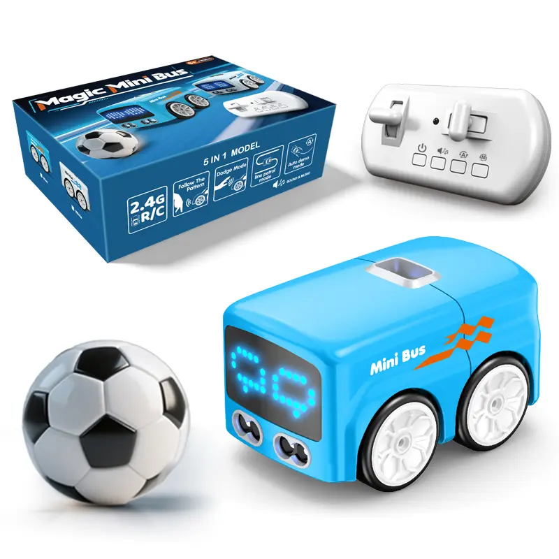 Unisex 2.4G R/C Remote-Controlled Smart Bus, 5-in-1 Model Vehicle Car Toy with LED Display & Soccer Ball Attachment, Gift for Classroom Party Favor