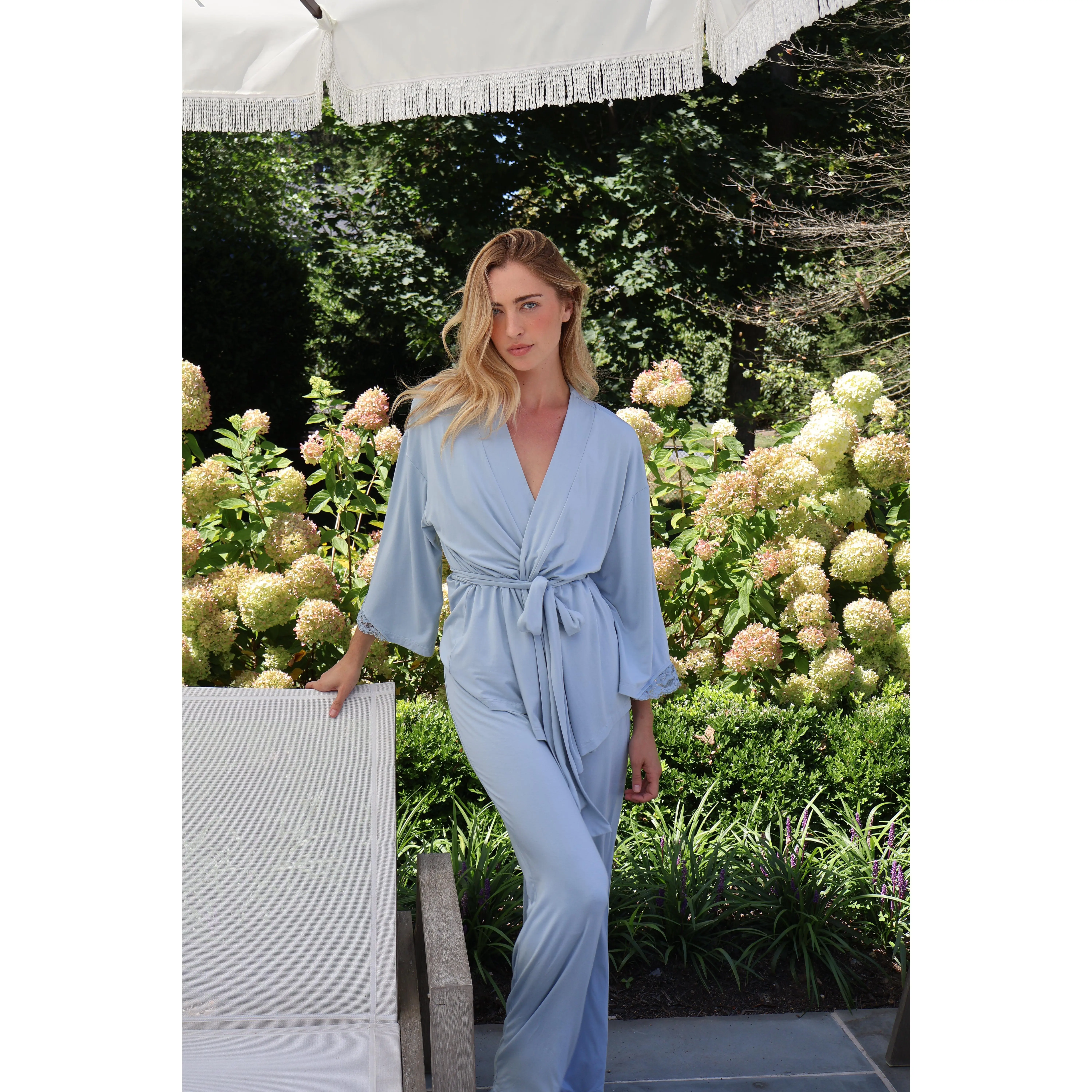 Riley Kimono Bamboo Pajama Set in Dusty Blue